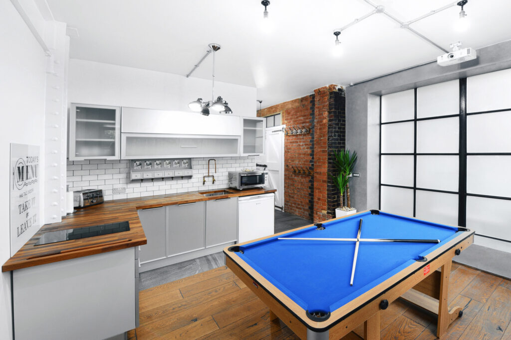 36 Photo Studio Hire London Warehouse Apartment Kitchen Pool Table scaled.jpg